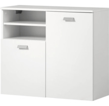 Bílá skříňka se dvěma dvířky a dvěma otevřenými policemi