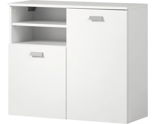 Skříňka nízká Möbelpartner Mona bílá 80,4 x 70 x 32 cm Bílá skříňka se dvěma dvířky a dvěma otevřenými policemi