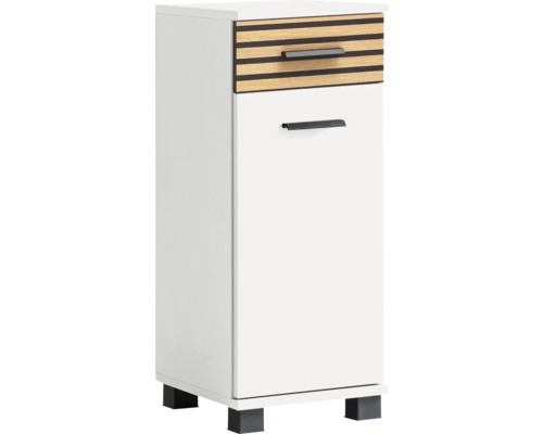 Skříňka nízká Möbelpartner Katta dřevodekor bílá 30,3 x 75,3 x 32,6 cm Bílá koupelnová skříňka se zásuvkou a dvířky