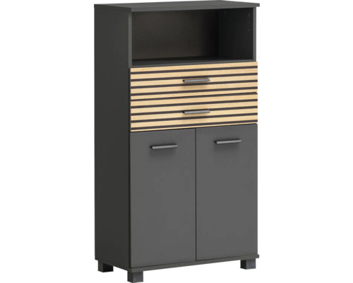 Skříň s otevřenou přihrádkou, dvěma zásuvkami a dvěma dvířky