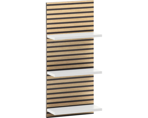 Nástěnná police s dřevěnou zadní stěnou a třemi policemi