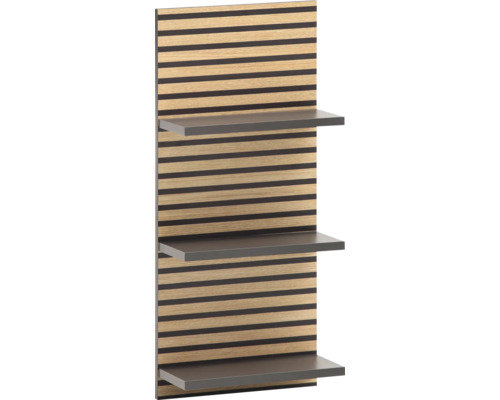 Nástěnná police s dřevěným panelem a třemi policemi