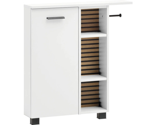 Bílá koupelnová skříňka s dvířky a otevřenými policemi