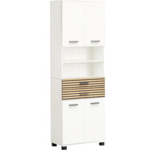 Bílá vysoká skříňka s policemi a zásuvkami