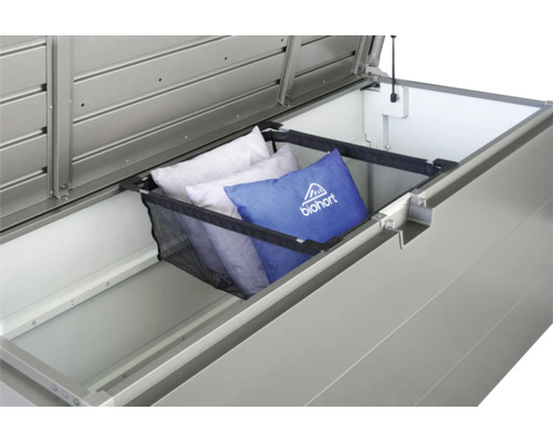 Otevřený úložný box s polštáři a logem Biohort