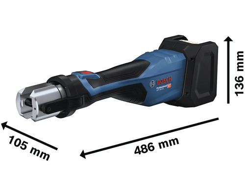 Akumulátorový závitořez Bosch Professional s rozměry 486 mm délka, 105 mm šířka a 136 mm výška.