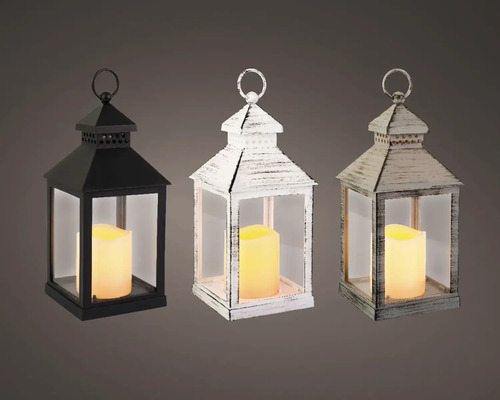 Tři dekorativní lucerny s LED svíčkami v černé, bílé a šedé barvě