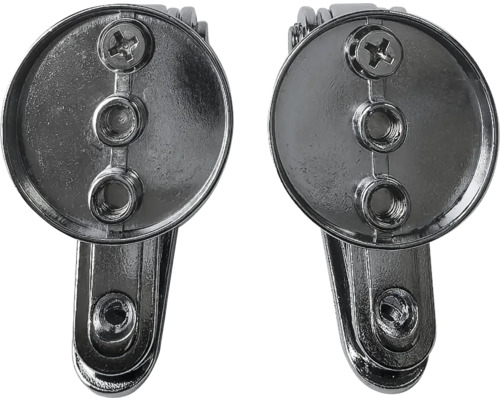 Dva stříbrné nábytkové závěsy pro upevnění nábytkových dílů