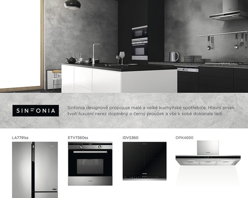 Kuchyňské spotřebiče Sinfonia v moderní kuchyni. Zobrazeny jsou chladnička, trouba, varná deska a digestoř.