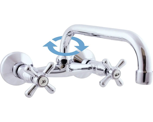 Kuchyňská baterie s otočným výtokem a křížovými kohoutky na teplou a studenou vodu