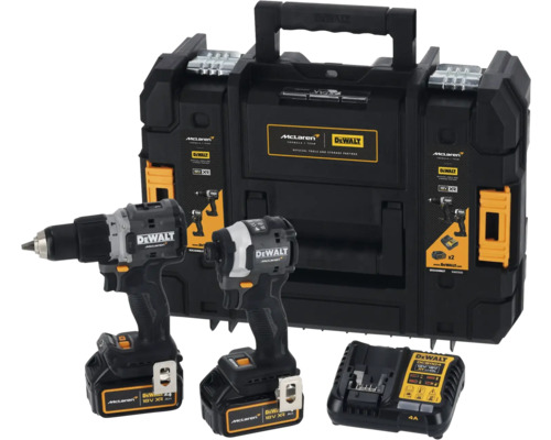 Aku sada příklepová vrtačka DeWalt McLaren DCD85M a rázový utahovák DCF85M, včetně nabíječky a 2 x 4Ah baterií DCB182 Akumulátorový vrtací šroubovák a akumulátorový rázový utahovák DeWalt s nabíječkou a kufříkem na nářadí