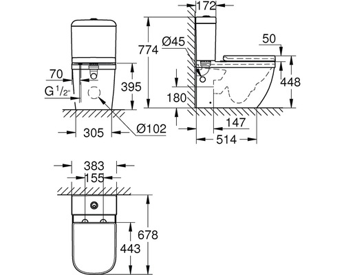 Technický nákres stojícího WC s rozměry.