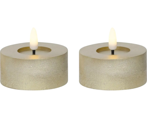 LED svíčka vosková Ø 7 x 6 cm zlatá, teplé bílé světlo Dvě čajové svíčky LED zlaté barvy