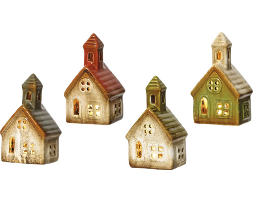 Svítící LED kaplička keramická 5 x 7 x 13 cm, různé barvy Čtyři dekorativní osvětlené domy