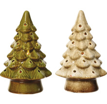 Dva dekorativní keramické vánoční stromky s otvory pro čajové svíčky