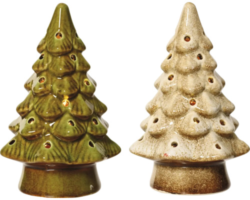 LED dekorace vánoční stromek 15 cm, různé barvy Dva dekorativní keramické vánoční stromky s otvory pro čajové svíčky