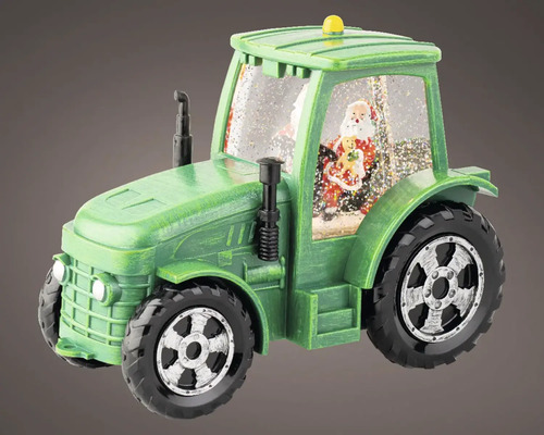 Zelený traktor jako sněhová koule s figurkou Santa Clause