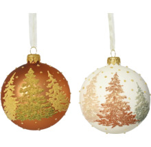 Dvě vánoční koule s potištěnými stromy