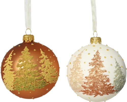 Vánoční ozdoba motiv strom Ø 8 cm, různé barvy Dvě vánoční koule s potištěnými stromy