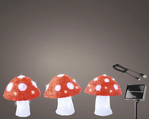 Tři dekorativní houbová světla se solárním panelem a USB kabelem