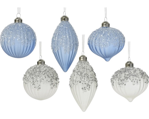 Vánoční ozdoby třpytivé 8 cm bílé modré Různě tvarované ozdoby na vánoční stromeček s dekorem