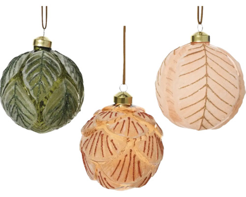 Tři ozdobné vánoční koule se vzorem listů k zavěšení