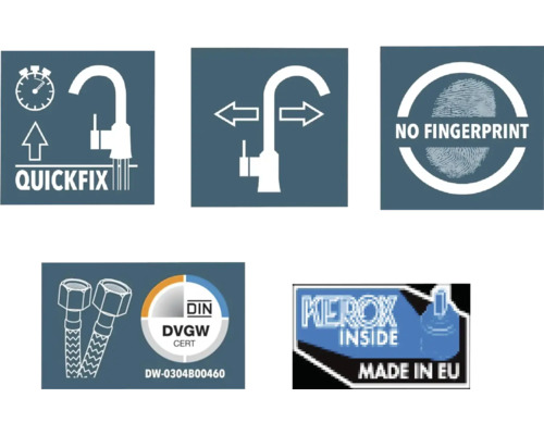 Symboly pro rychlou montáž, rozsah otáčení, žádné otisky prstů, Deutsches Institut für Normung DVGW Zert, Vyrobeno v EU