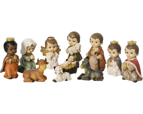 Sada figurek betlému s Ježíškem, Marií, Josefem, Třemi králi, volem, oslem, andělem a pastýřem
