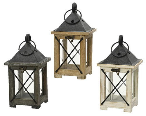 Dekorativní lucerna jedlové dřevo, různé barvy Tři dekorativní lucerny ze dřeva a skla