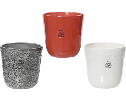 Tři keramické květináče v šedé barvě se vzorem, červené a bílé