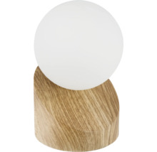 Stolní lampa s dřevěnou základnou a kulovitým stínidlem