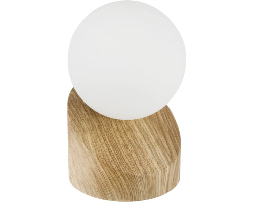 Stolní lampa s dřevěnou základnou a kulovitým stínidlem
