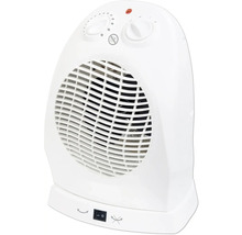 Bílý topný ventilátor s ovládacími prvky a symbolem ochrany proti přehřátí