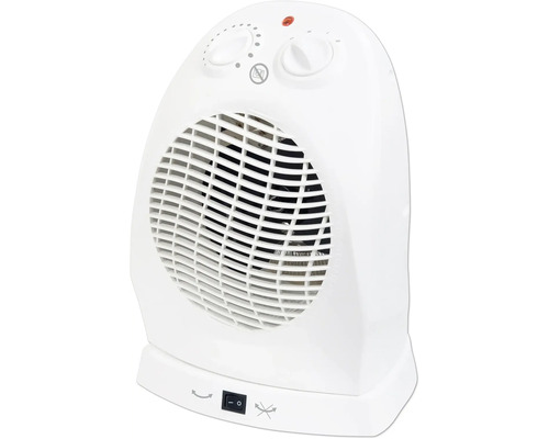 Bílý topný ventilátor s ovládacími prvky a symbolem ochrany proti přehřátí