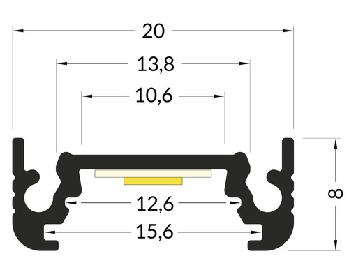 Technický výkres LED profilu s rozměry