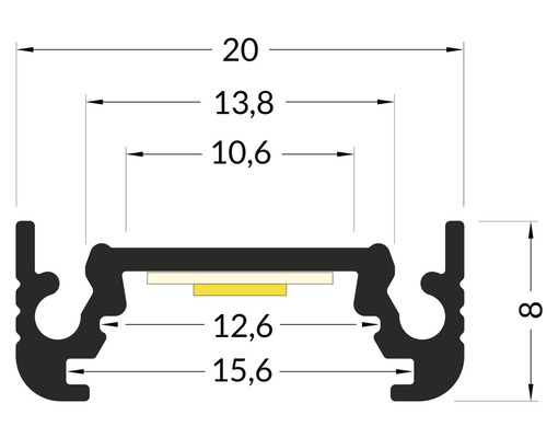 Technický nákres LED profilu s rozměry.