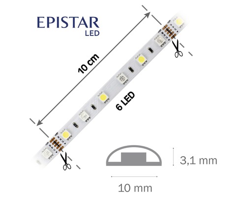 LED pásek Epistar, délka 10 cm, se šesti LED diodami a značkami pro řezání