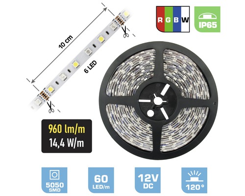 LED pásek FK technics IP65 14,4W 3200K 0,5m RGBW, metrážové zboží