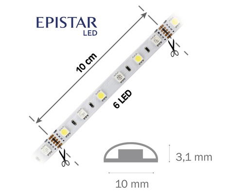 LED pásek Epistar se šesti LED, délka 10 centimetrů, včetně rozměrů