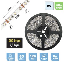 LED pásek na roli, lze stříhat každých 5 cm, svítivost 400 lumenů na metr, stupeň krytí IP65