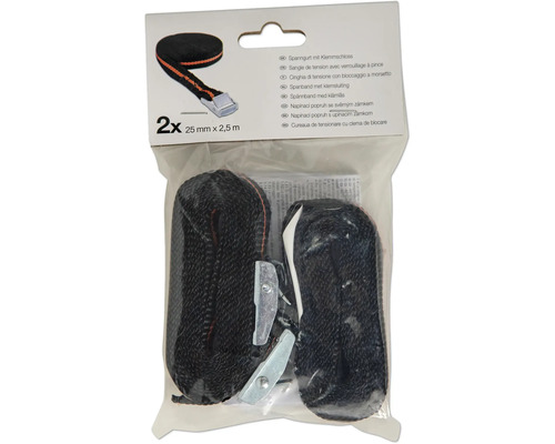 Balení dvou napínacích popruhů se svěrným zámkem, každý o rozměrech 25 milimetrů krát 2,5 metru