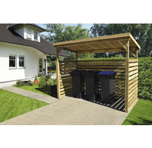 Dřevěný box na popelnice se třemi popelnicemi před domem