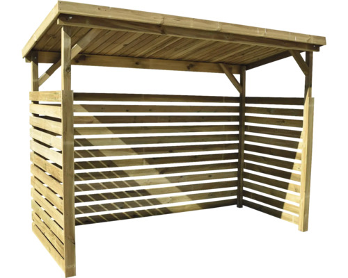 Dřevěný sklad s střechou a vodorovnými lamelovými stěnami