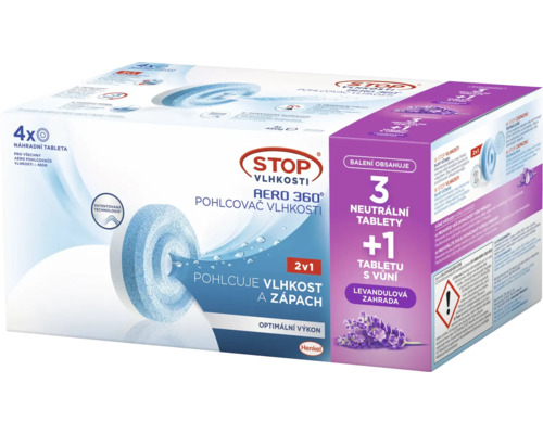 Náhradní tablety Stop Vlhkosti onpack levandule 3+1 Stop Vlhkosti Aero 360 stupňů náhradní tablety, balení po čtyřech kusech
