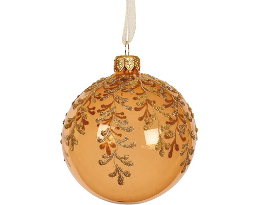 Vánoční ozdoba skleněná koule Ø 8 cm barva brandy Skleněná vánoční koule s listovým dekorem a závěsem