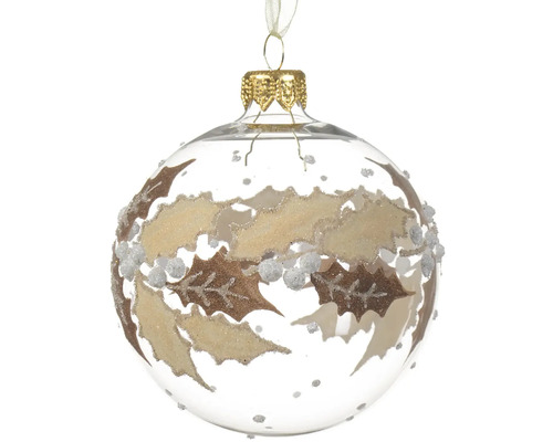 Skleněná vánoční koule s motivem cesmíny a závěsem