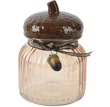 Dekorativní skladovací sklenice s motivem žaludu, skleněná nádoba s víkem a stuhou