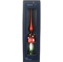 Logo Decoris. Skleněná špička na stromek ve tvaru houby v balení.