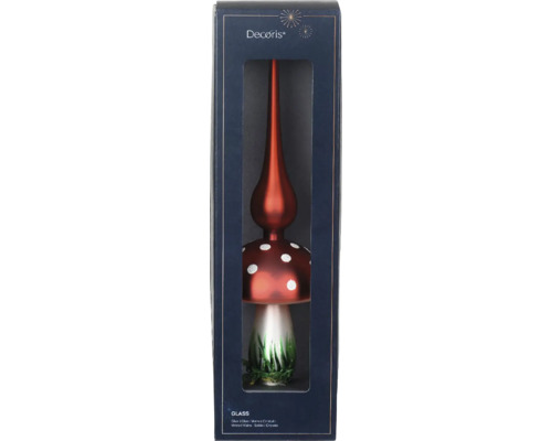 Vánoční špička na stromek muchomůrka 31 cm Logo Decoris. Skleněná špička na stromek ve tvaru houby v balení.