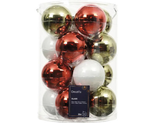 Vánoční ozdoby skleněné koule Ø 8 cm červené bílé zlaté 16 ks Balení šestnácti skleněných vánočních koulí